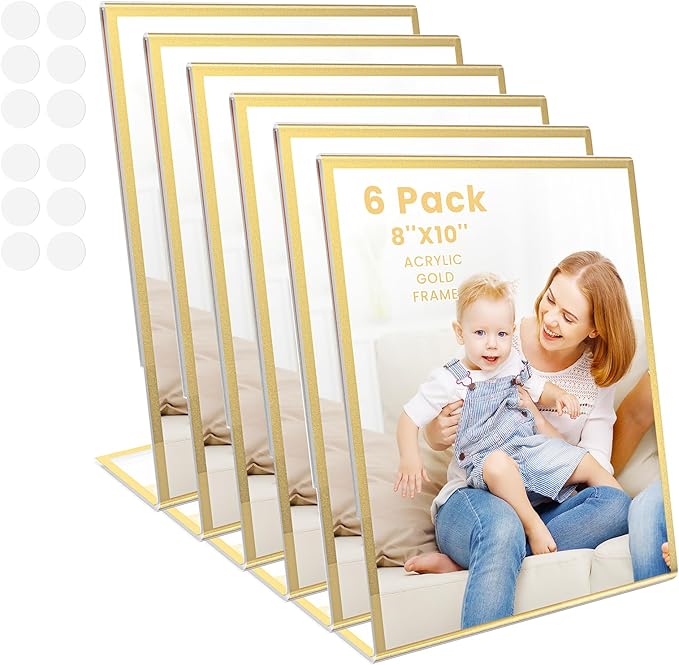 Acrylic Gold Frames 8 x10, Slanted Back Gold Picture Frames Table Acrylic Sign Holder for Photos Wedding Table Numbers and Art Display with Removable Clear Sticky Dots，6 Pack