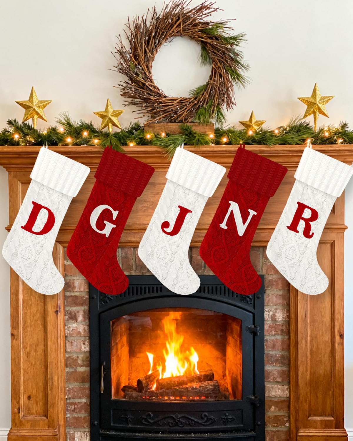 Christmas Stockings with Initials,20 Inches Large White Embroidered Monogram Knitted Christmas Stockings with Letter,Personalized Xmas Stockings for Fireplace Family Holiday Decor(Letter J,White)