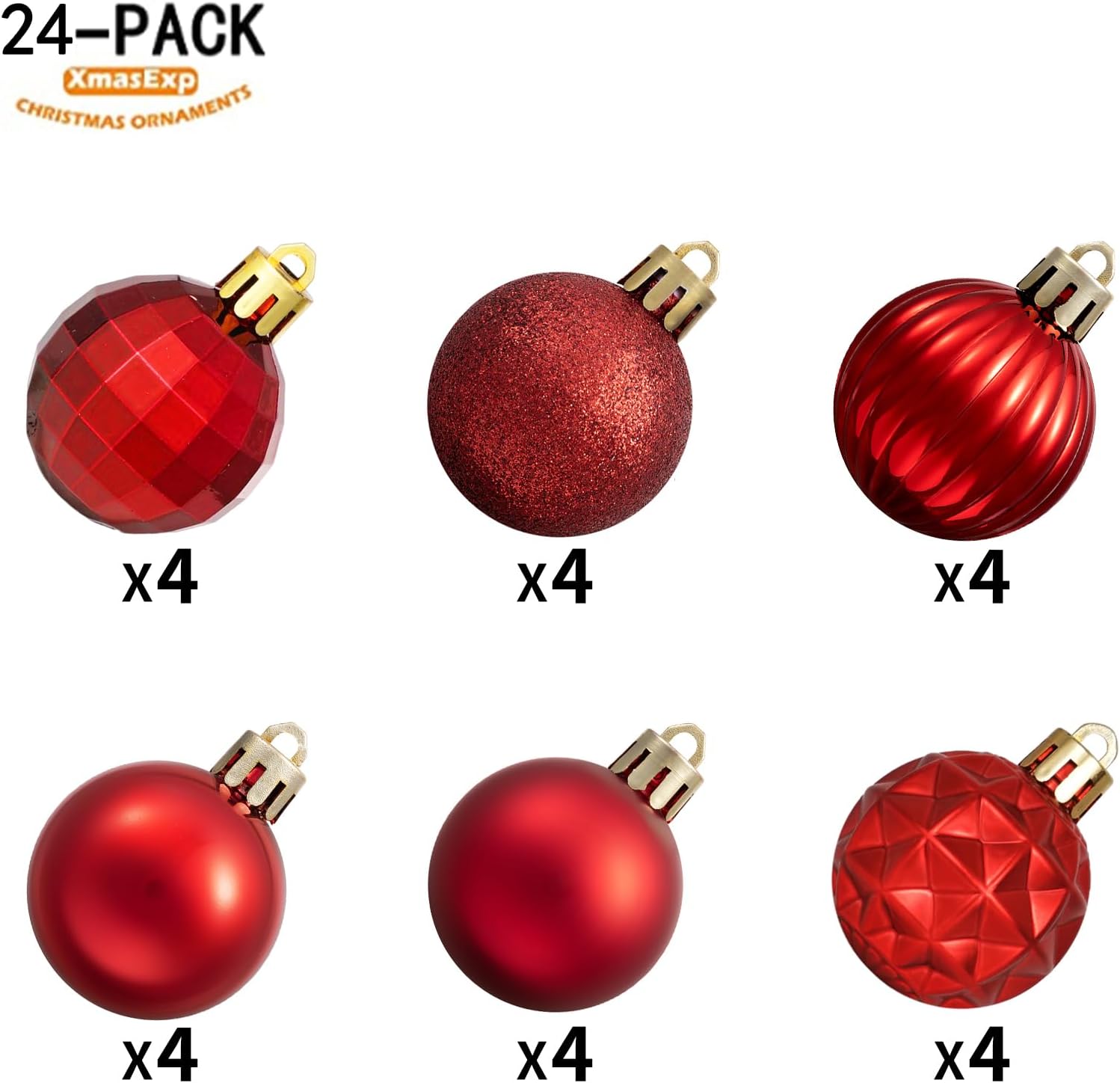 XmasExp 24ct Red Christmas Ornaments for Tree Decorations, Small Shatterproof Christmas Ball Ornaments Set for Xmas Tree, Perfect Plastic Hanging Balls for Home Holiday Party Decor (1.57'', Red)