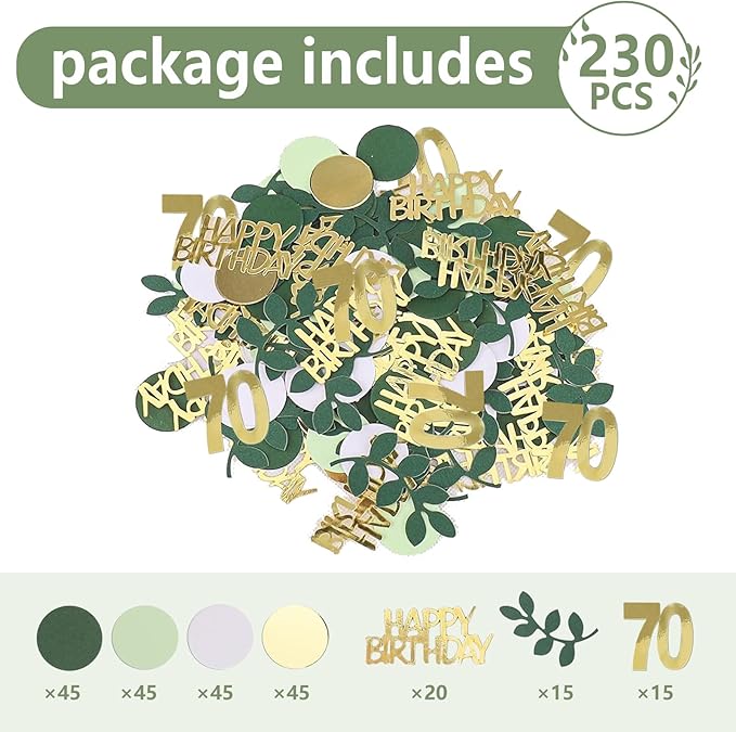 Sage Green 70th Happy Birthday Confetti, 70th Birthday Table Decorations Scatter Green Gold Foil Cake Confetti Decorations for 70 Bday Women Men Party Decor 230 Pcs