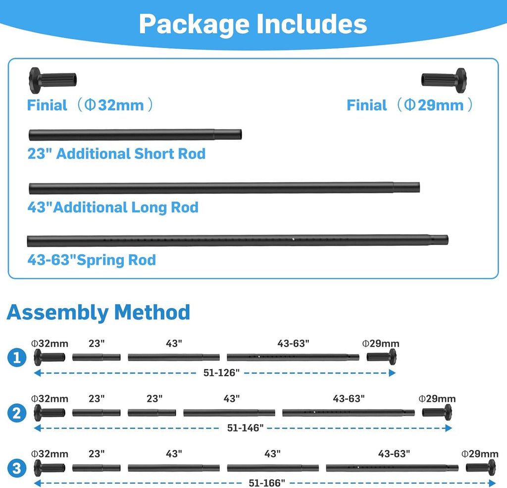 tension curtain rod 51-166 inch(4.25-13.83ft), extra long outdoor, front angle view