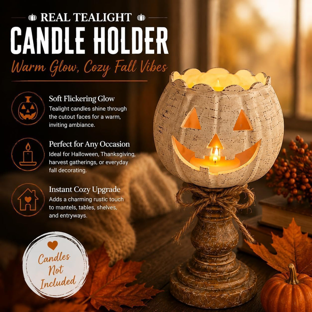Rustic White Pumpkin Tealight Candle Holder Set, Farmhouse Halloween Pumpkin Tea Light Candle Holders Decor, Fall Tables Centerpieces for Thanksgiving & Halloween Party