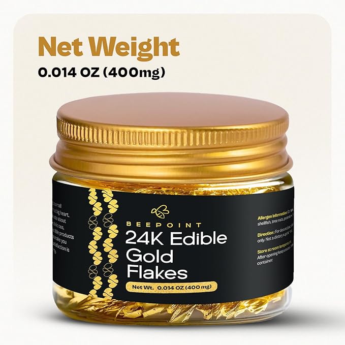 BeePoint 24K Edible Gold Foil Flakes - 400mg Gold Flakes for Cake Decorating, Baking, Cooking, Cupcakes, Chocolates, Drinks - Edible Gold Sheets