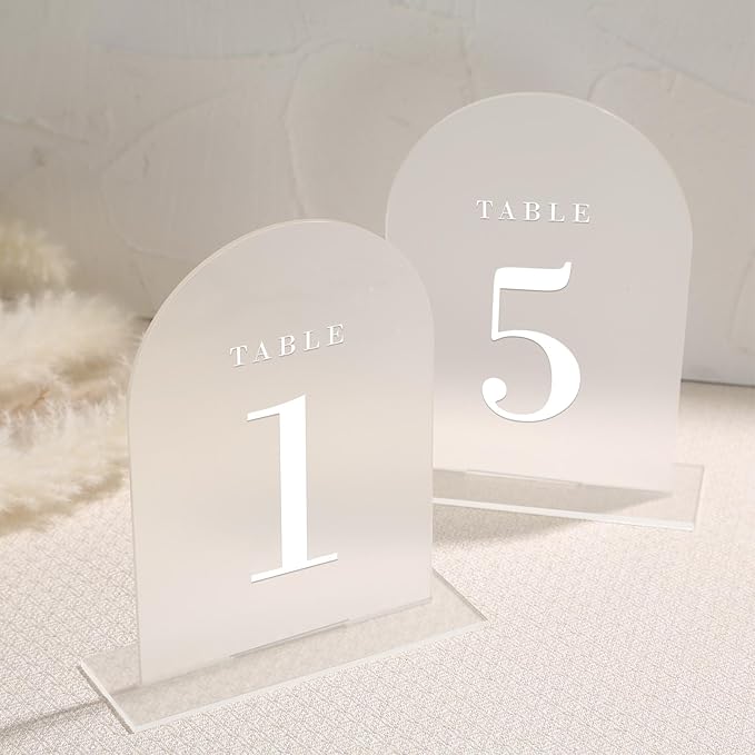 UNIQOOO Frosted Arch Wedding Table Numbers with Stands 1-20, 5x7" Acrylic Display Signs and Holders, Pack of 20, Perfect for Centerpiece, Reception, Decoration, Party, Anniversary, Event