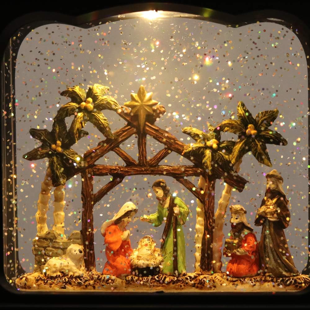 Wondise Christmas Musical Snow Globe Lantern with 6 Hour Timer, 11.2 Inch USB Cord & Battery Operated Spinning Water Glitters Lighted Singing Snow Globe Lantern Christmas (Nativity)