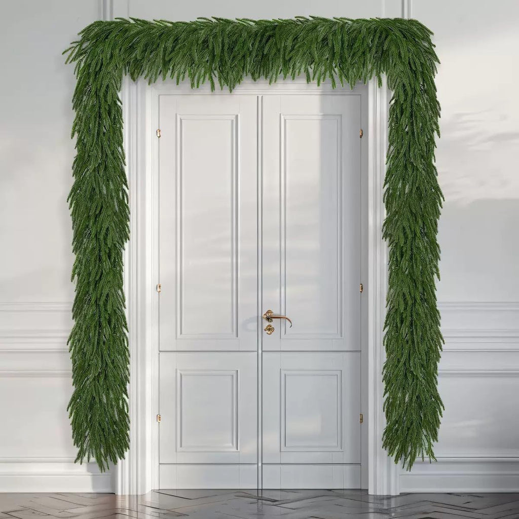 9ft norfolk pine garland, realistic artificial christmas greenery showing dimensions