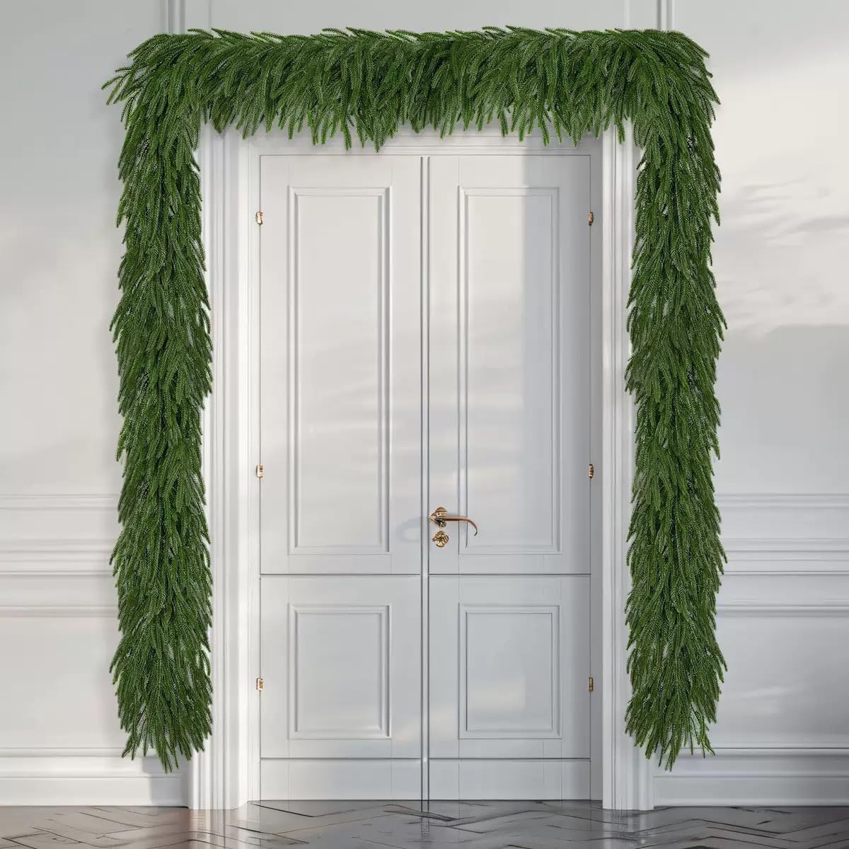 9ft norfolk pine garland, realistic artificial christmas greenery showing dimensions
