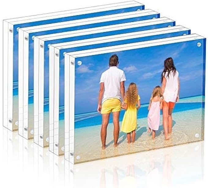 Meetu 5 Pack Acrylic Picture Frame 6x8,Clear Freestanding Double Sided 20mm Thickness Frameless Magnetic Photo Frames Desktop Display with Gift Box Package