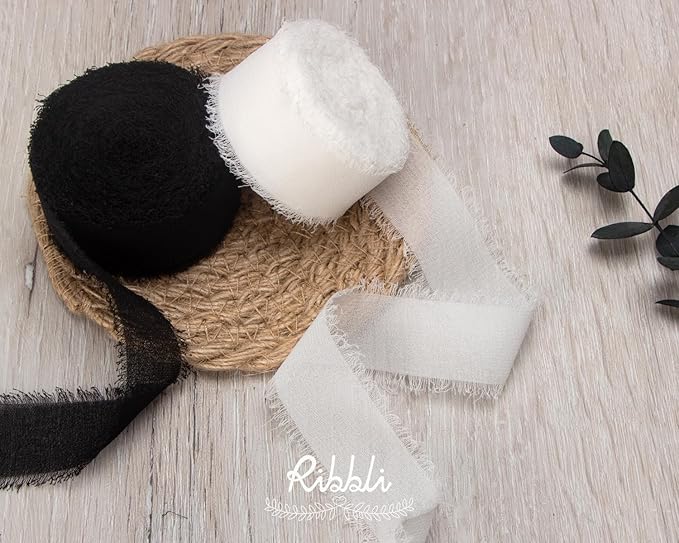 Ribbli Black Ribbon 1 Inch x 3 Rolls Total 24 Yards Handmade Fringe Chiffon Silk Ribbon for Wrapping Wedding Invitations Bridal Bouquets DIY Crafts Home Decor