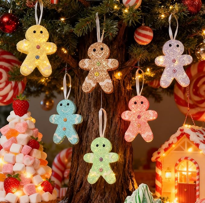 LANGXUN 6pcs Gingerbread Man Candy Land 2025 Xmas Party Suppiles Decoration, Hanging Candy Cane Christmas Tree Décor, Christmas Decorative Hanging Ornaments Crafts