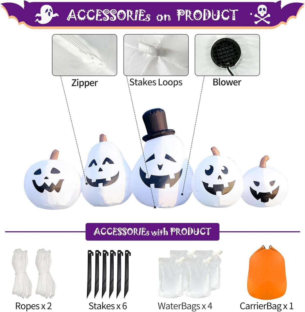 DomKom 8 FT Long Halloween Inflatable White Pumpkin Built in Colorful LED Lig...
