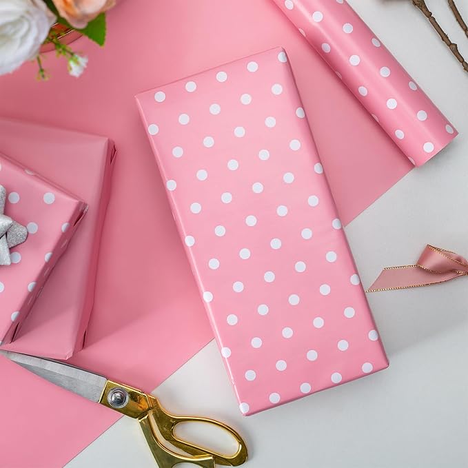 Flyhill Pink Wrapping Paper Roll,Reversible Gift Wrap Paper with Polka Dot Design for Girls,Birthday,Wedding,Baby Shower,All Holidays(17 Inch X 32.8 Feet)