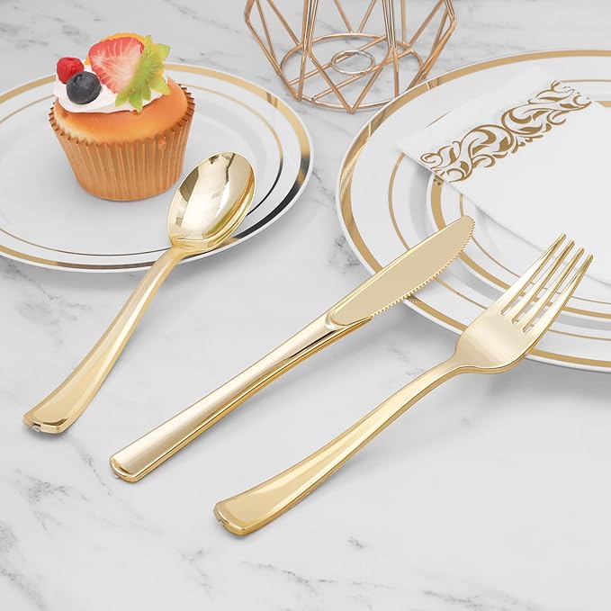 BESTVIP 50 Pack 6.9 Inch Gold Plastic Spoons, Heavy Duty Plastic Silverware, Heavyweight Gold Disposable Spoons, Disposable Serving Utensils for Catering, Parties, Dinners, Weddings, Christmas