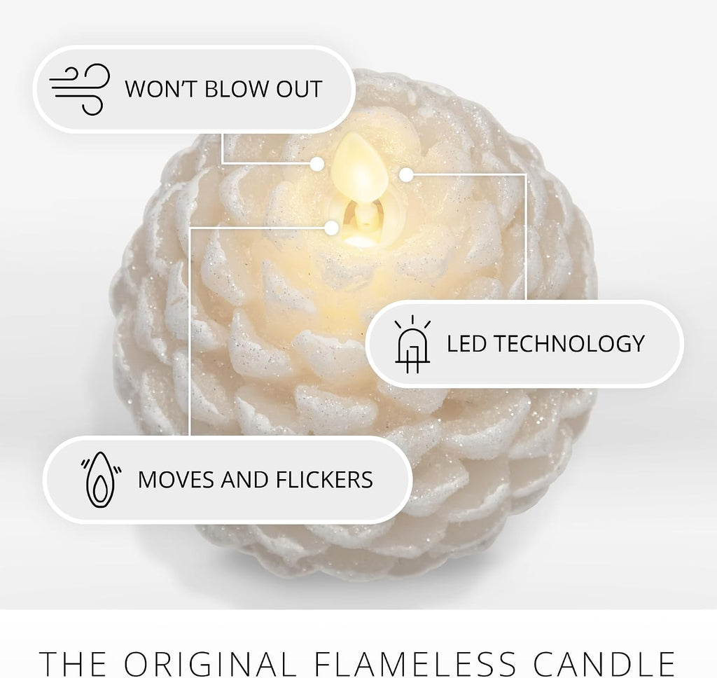 Luminara Pinecone Flameless Candle White Swan Glitter and Snow Finish Pine Cone Figural, Real Wax Unscented LED Candles, Battery Operated with Timer, Holiday Decoration (3.9" x 4.3")