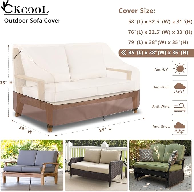 Okcool Heavy Duty Patio Sofa Cover, 100% Waterproof 3-Seater Outdoor Sofa Cover Fits up to 85W x 38D x 35H Inches, Lawn Patio Furniture Covers,Beige & Brown