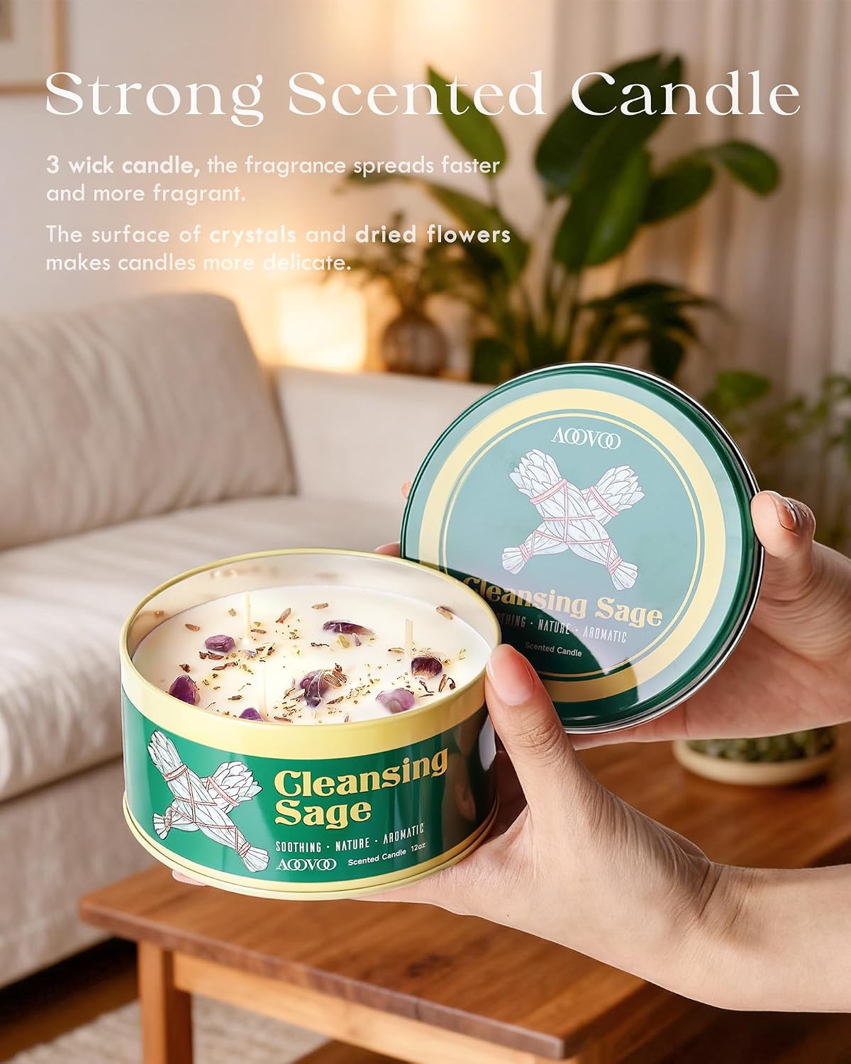 AOOVOO Sage Candle for Cleansing - 3 Wick 12oz Large Scented Candle with Crystals & Sage Leaves Inside, Soy Candles Non Toxic for Meditation Spiritual Gift, Aromatherapy Candle for Women Men