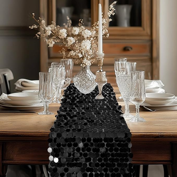 VHH Sequin Table Runner 12 x 108 inches Black Table Runner, Glitter Runner for Party Wedding Birthday, Party Spring Easter Rustic, Birthday Supplies Decorations (1 Pack).