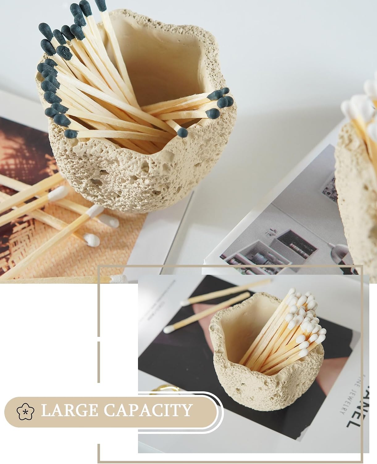 Concrete Matches Holder with Striker-Beautiful Petal Shape Match in Jar-for Cute/Fancy/Long Candle Match,Refresh Any Modern Home Decor with Premium floral Jar-No Matches (milky beige)