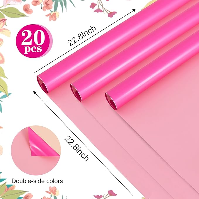 BEISHIDA 20Pcs Pink and Hot Pink Flower Bouquet Wrapping Paper - Double Sided Matte Colors Waterproof Wrapping Paper for Floral Wrap Florist Packing Supplies Valentine's Christmas Birthday Gift Wrap