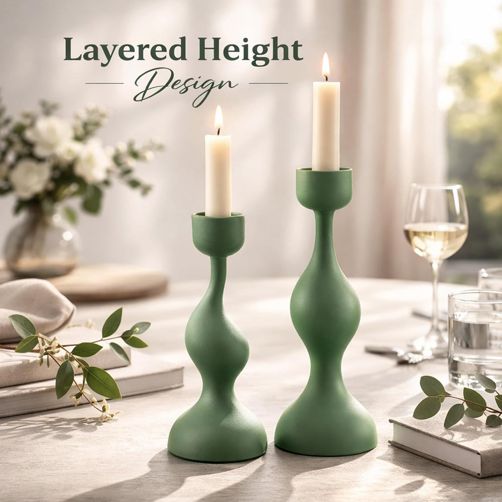 Smtyle Taper Candle Holders Set of 2 Sculptural Cast Aluminum Candlestick Holders, Modern Minimalist Sage Green Candle Stand for Dining Table, Living Room, Shelf Decor