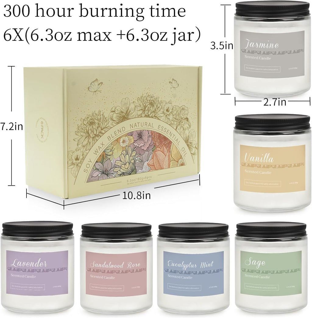 Scented Candles Gift Set, Long Lasting 6 Pack Aromatherapy Candles for Home, 42 oz 300 Hour Burn, Lavender Jasmine Vanilla Sage Sandalwood Rose Eucalyptus Mint, Gifts for Women