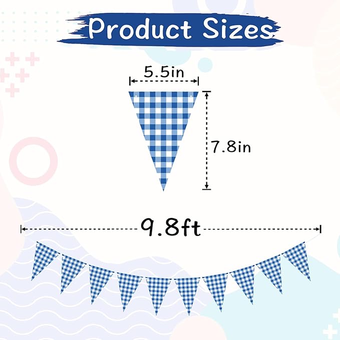 2 Pieces Blue Checkered Flags Banner, Double Sided Blue and White Gingham Bunting Garland for Summer BBQ Picnic Wedding Baby Shower Birthday Party Decorations Supplies