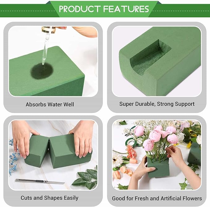 6 Pcs Floral Foam Blocks for Flower Arrangement (Larger Size 9” Lx4.3” Wx3” H) Wet and Dry Green Floral Foam for Wedding, Birthdays, Home Decorations
