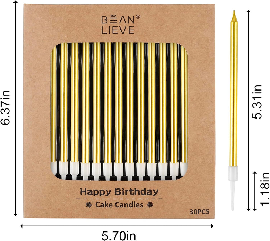 BEAN LIEVE 30-Count Gold Long Thin Metallic Birthday Candles, Cake Candles, Birthday Parties, Wedding Decorations, Party Candles, Cake Decorations