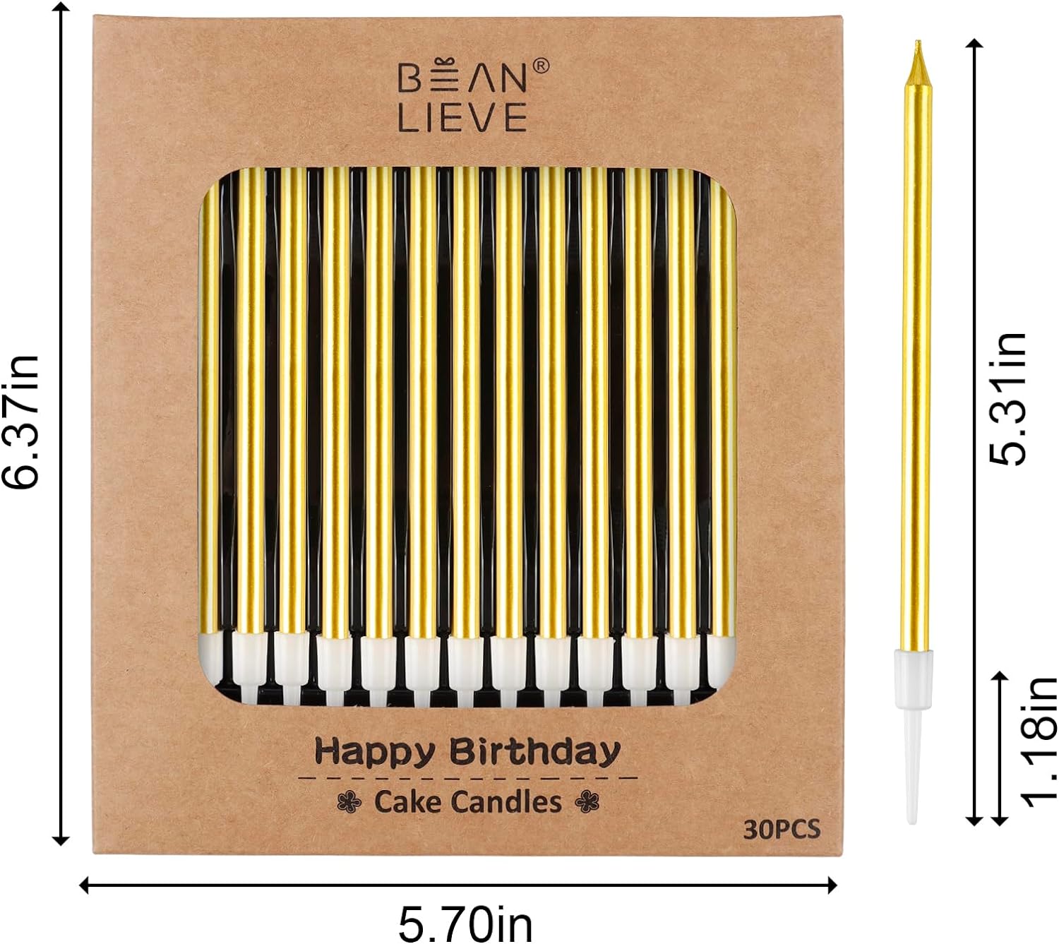 BEAN LIEVE 30-Count Gold Long Thin Metallic Birthday Candles, Cake Candles, Birthday Parties, Wedding Decorations, Party Candles, Cake Decorations