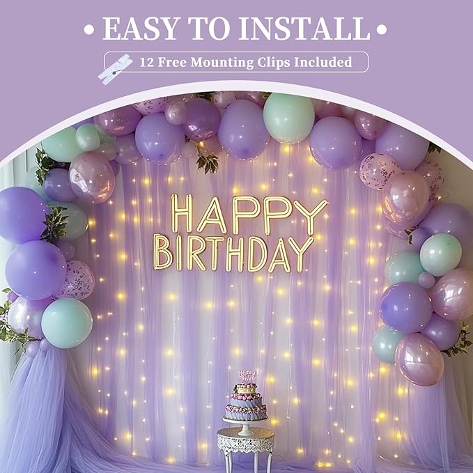 10x10ft Lavender Tulle Backdrop Curtain with Fairy Lights, Wrinkle-Free Sheer Wedding Backdrop for Birthday Parties, Baby Showers, Bridal Showers, Photo Shoots and Home Decorations, Lavender