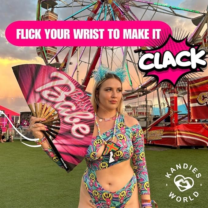 Kandies World UV Reactive Custom Festival Folding Hand Fan - Unique Designs, Made of Bamboo, Clacking Sound, Lightweight - Perfect Rave and Festival Accessory!