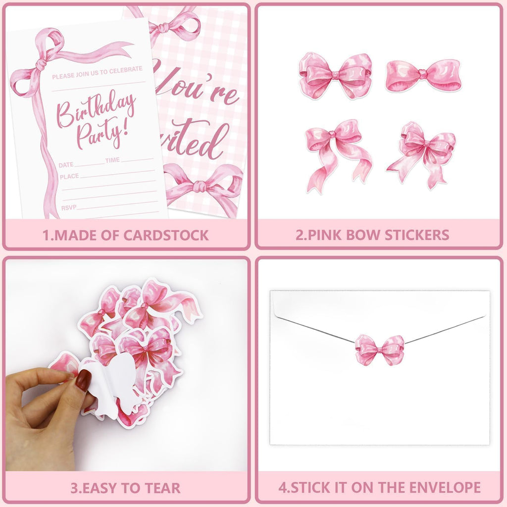 Pink Bow Birthday Invitations for Girls Boys, 20 Sets Bow Knot Invitation Cards with Stickers and Envelopes for Birthday Baby Showers Weddings and Celebrations, 4.7 x 6.7 Inch