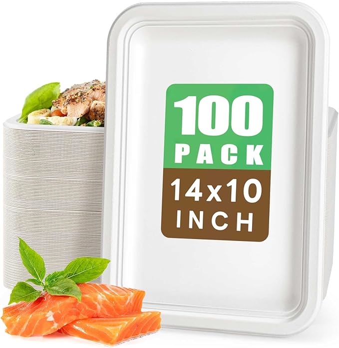 Gezond 100 Pack 14 Inch Disposable Food Trays Eco-friendly Heavy-Duty Large Paper Plates Compostable Sugarcane Platters for Crawfish, BBQ, Seafood Boil Holiday Party White