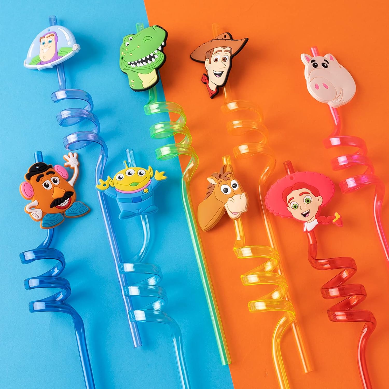 24Pcs Toy Inspired Story Birthday Party Supplies Reusable Drinking Straws,8 Designs Toy Themed Story Party Favors with 2 Cleaning Brushes