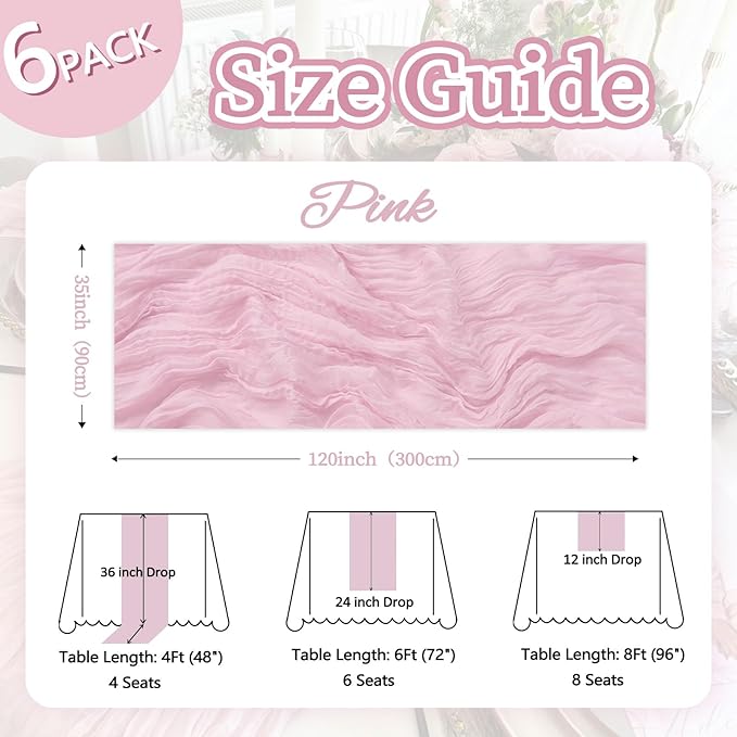 6 Pack Pink Table Runner 10ft Boho Gauze Fabric Cheesecloth Table Runner 35 x 120 Inch Rustic Sheer Runner for Romantic Wedding Centerpiece Decor Baby Shower Party Table Decoration