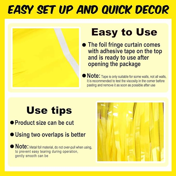 6 Pack Macaron Yellow Foil Fringe Curtains Backdrop, 3.28 x 8.2 Ft Metallic Streamers Tinsel Curtains Background for Photo Booth, Birthday, Weddings, Carnivals, Graduation, Themed Party Decorations