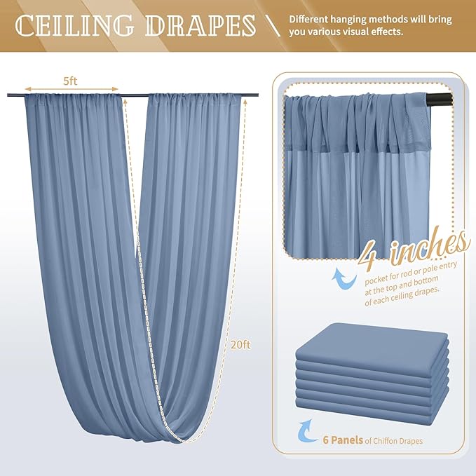 6 Panels Dusty Blue Ceiling Drapes for Wedding 5ftx20ft Chiffon Fabric Arch Draping Curtains Sheer Drapery for Party Ceremony Birthday Baby Shower Reception Stage Swag Ceiling Decorations