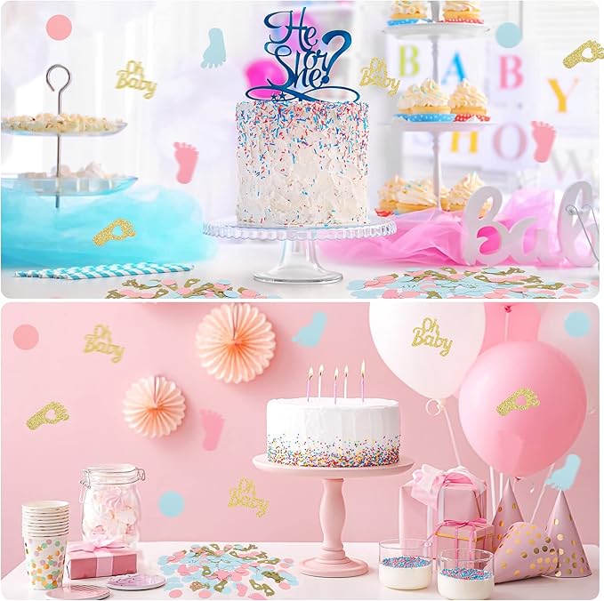 MARFOREVER 350 Pieces Gender Reveal Confetti Baby Shower Decoration Pink Blue Gold Round Glitter Confetti Oh Baby Footprints Table Paper Confetti for Gender Reveal Party Table Wedding Decor