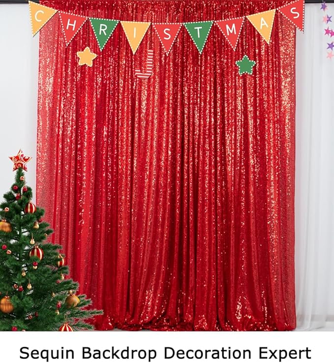 ShinyBeauty Sequin Backdrops 4 Pieces Red Sequin Curtains for Backdrop Panels Photograph Background Shimmer Christmas Backgrounds Birthday Party Decor (2Ftx8Ft)