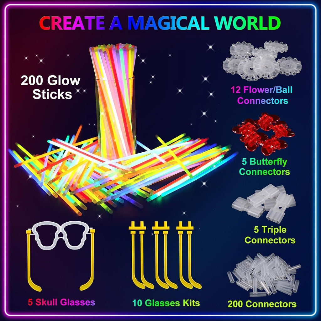 BUDI 467Pcs Glow Sticks Party Favors for Kids Adults Glow in the Dark Party Supplies 4th of July Accessories Neon Decors 200 GlowSticks Bulk 8 Colors 8 Inch & 267 Connectors Necklace Bracelet Glasses