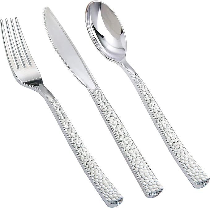 Supernal 180 pieces Silver Plastic Silverware, Disposable Plastic Silverware Heavy Duty, Silver Disposable Cutlery Sets Include 60 Forks, 60 Knives and 60 Spoons Suitable for Birthday, Party, Wedding