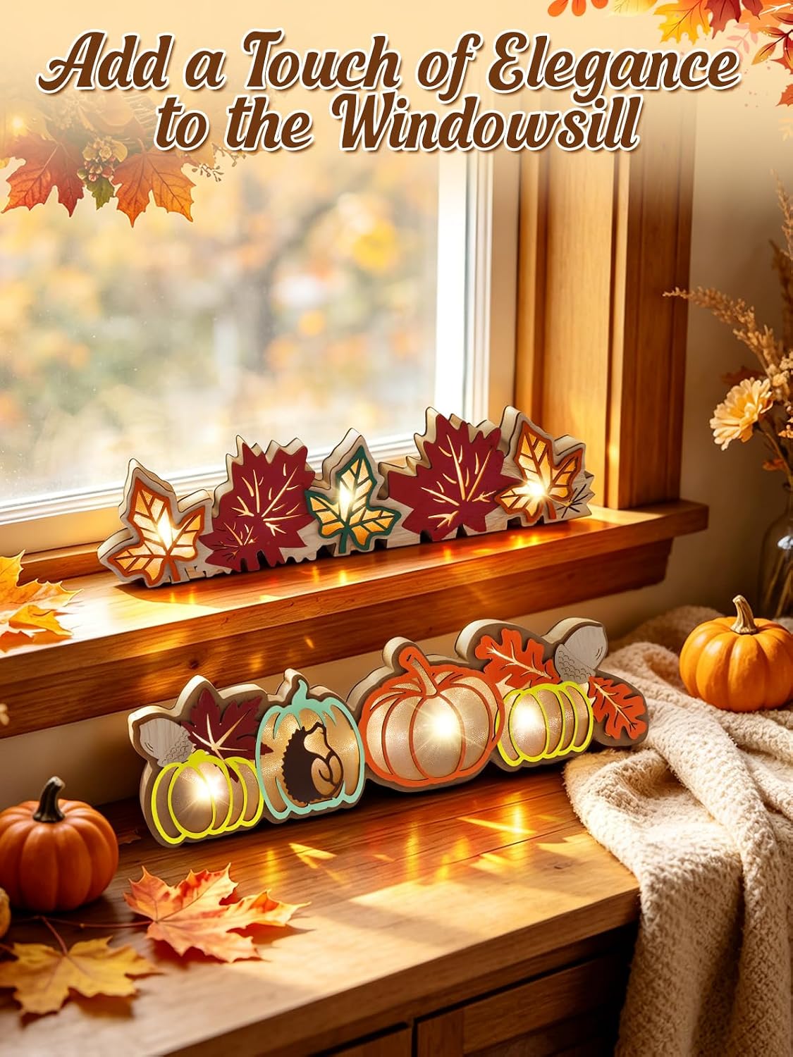 Bigmeta Lighted Wooden Pumpkin & Maple Leaves Decor for Thanksgiving