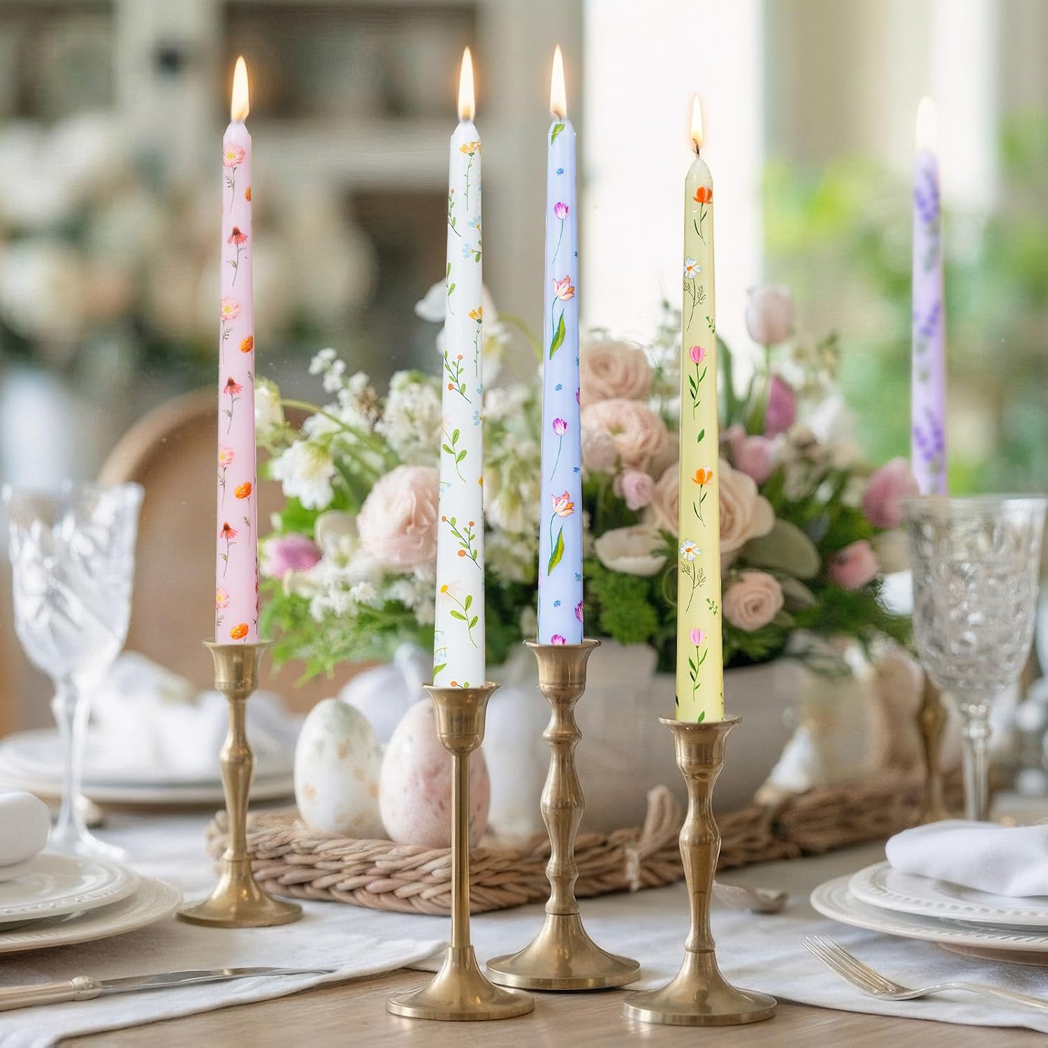 Conelist 12 Pcs 9.8" Floral Long Taper Candles Pastel Flower Candlesticks Tall Smokeless Unscented Decorative Tapered Candles Gifts for Christmas Wedding Home Dinner Party Decorations