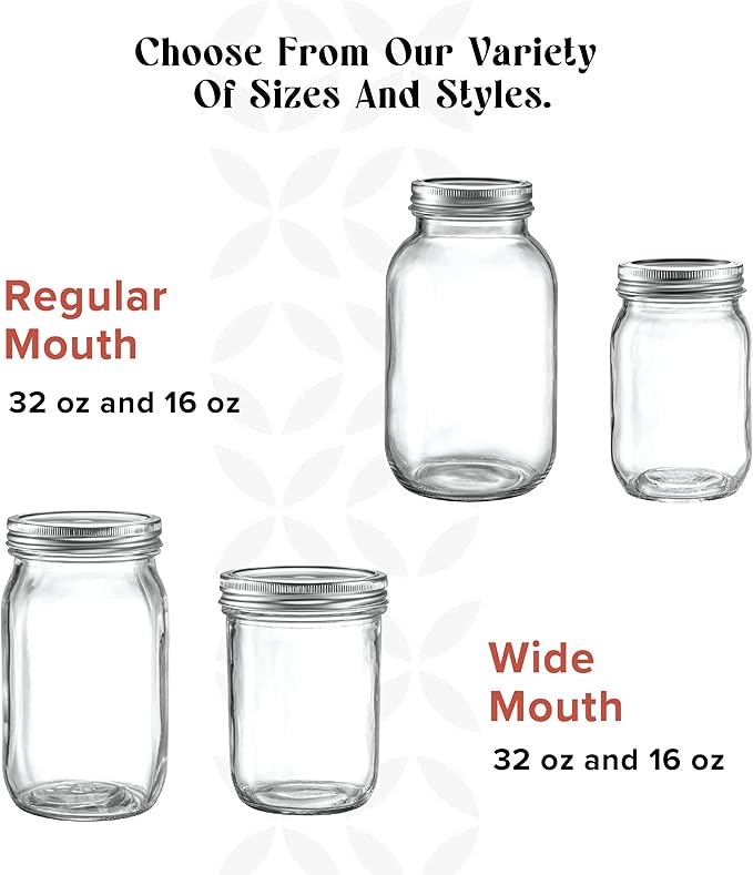 [6 Pack] 32 oz. Wide-Mouth Glass Mason Jars with Metal Airtight Lids and Bands 1 quart Large for Canning, Preserving, & Meal Prep