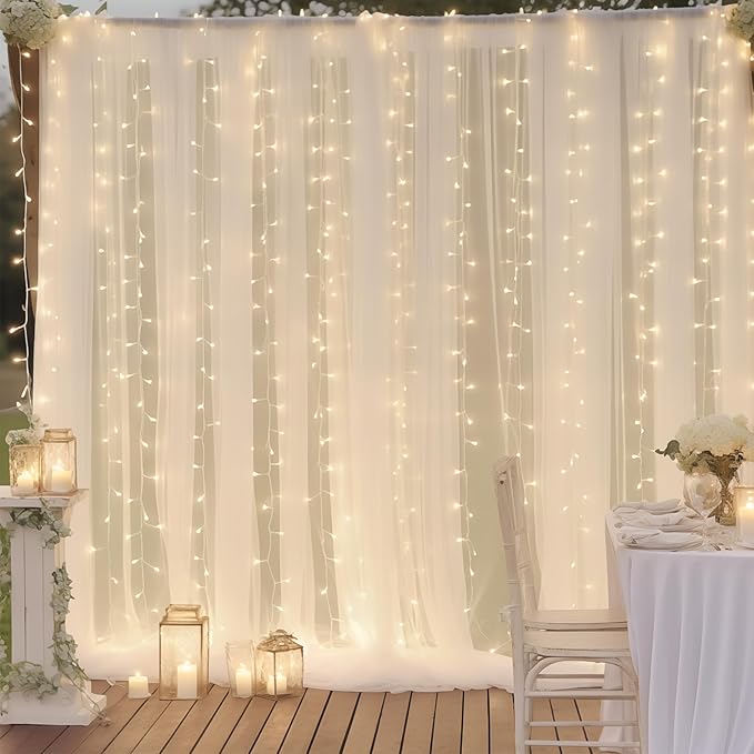 10ft x 10ft Cream White Chiffon Backdrop Curtain with Lights String for Parites Wedding Wrinkle Free Curtain Photo Backdrops Drapes for Baby Shower Birthday Party Home Decorations