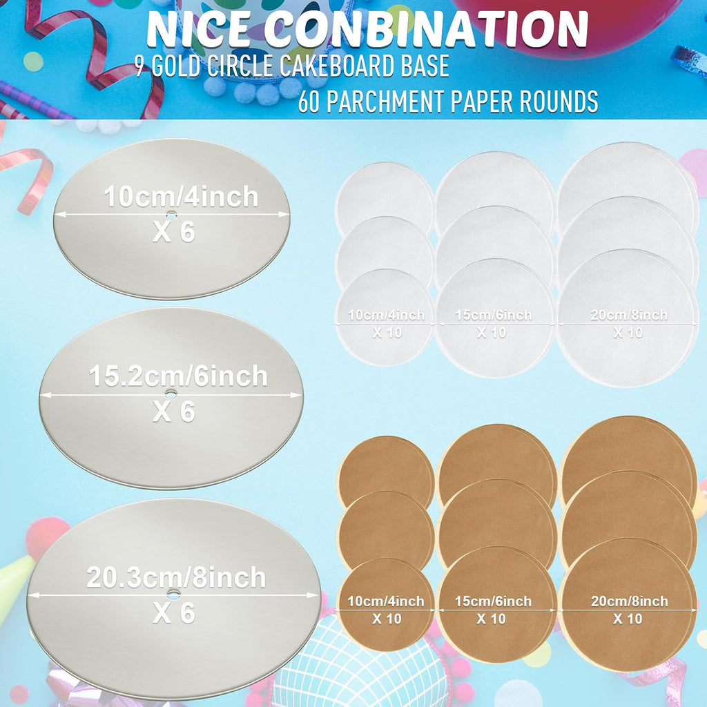 Patelai 89 Pcs Cake Tiered Stacking Kit 8,6,4 Inch Silver Round Cake Boards with Parchment Paper Round and Plastic Dowel Rods for Stacking Support Decorating Supplies