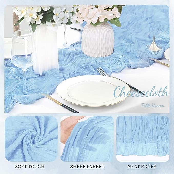 6 Pack Baby Blue Cheesecloth Table Runner 23x120 inch Rustic Boho Gauze Table Runner 10 FT Long Sheer Cheese Cloth Fabric Table Runners for Romantic Wedding Bridal Shower Birthday Party Decor