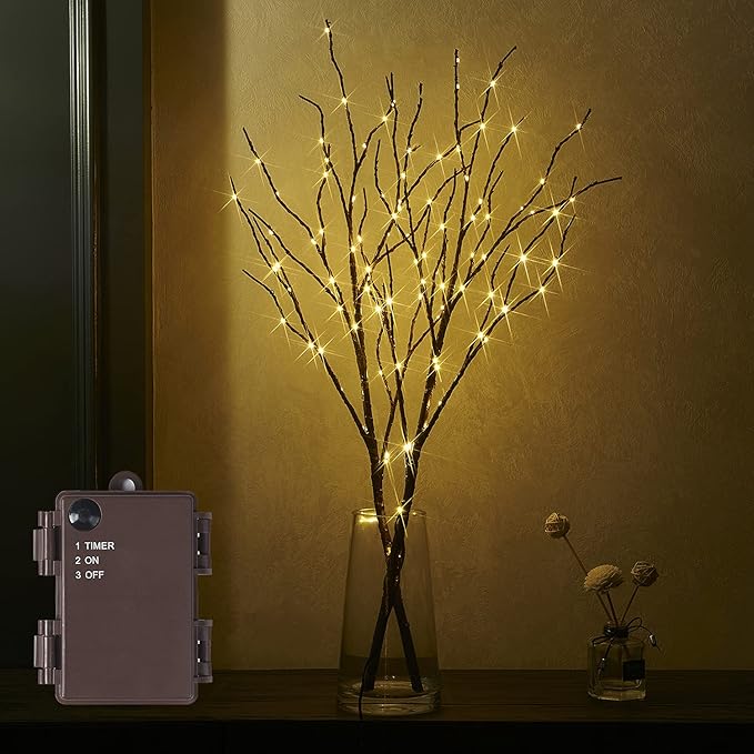 Fudios Branch Lights Battery Operated with Timer 32IN 100 LED, Fake Willow Branches with Fairy Lights for Vase, Lighted Twig Tree Branches Indoor Outdoor Christmas Party Home Decor 2 Set