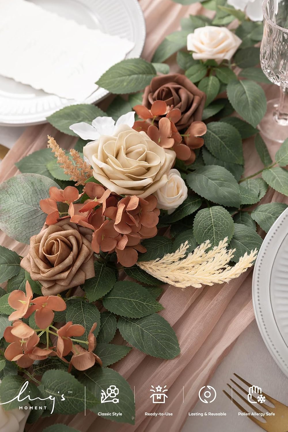 Ling's Moment 5FT Beige Brown Artificial Flower Garland Fake Rose Eucalyptus Garland Arch Flowers Vine for Wedding Party Backdrop Home Table Centerpieces Decorations