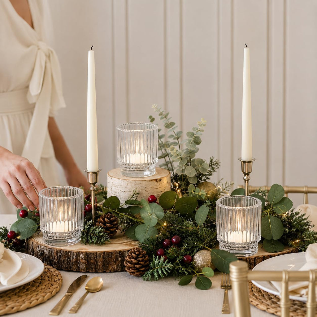 Kate Aspen Vintage Ribbed Red Glass Candle Holders Set of 6 - Votive & Tealight Candle Holder Decor for Holiday Table Decor, Christmas Dining Tablescape, Fall & Boho Home Accents (Clear)